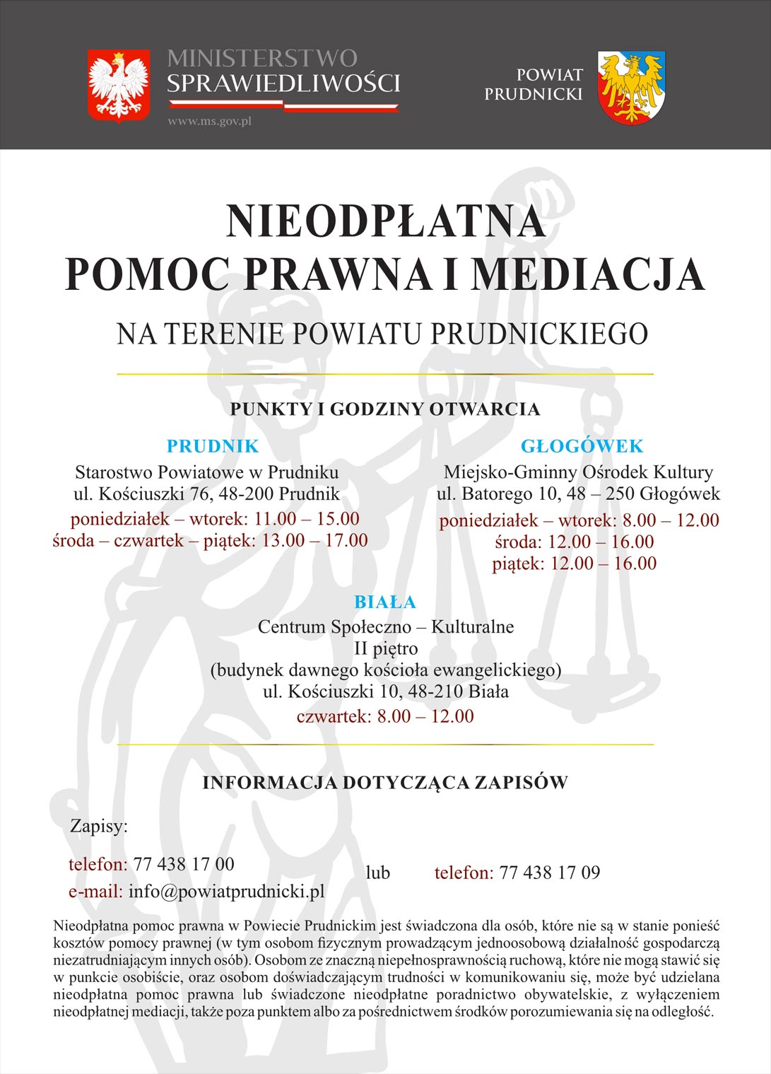 Plakat nieodpłatnej pomocy prawnej w terminarzem, który dostępny jest w treści artykułu